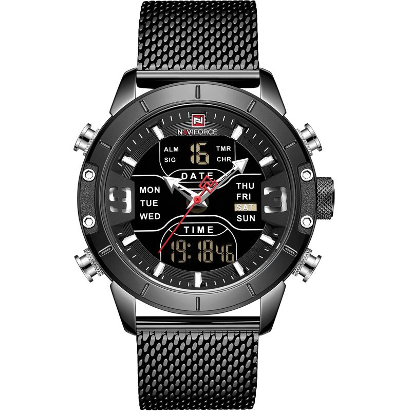 Naviforce 9153 Vattentät Dual Display Watch Calendar Full Steel Business Herr Digital Watch