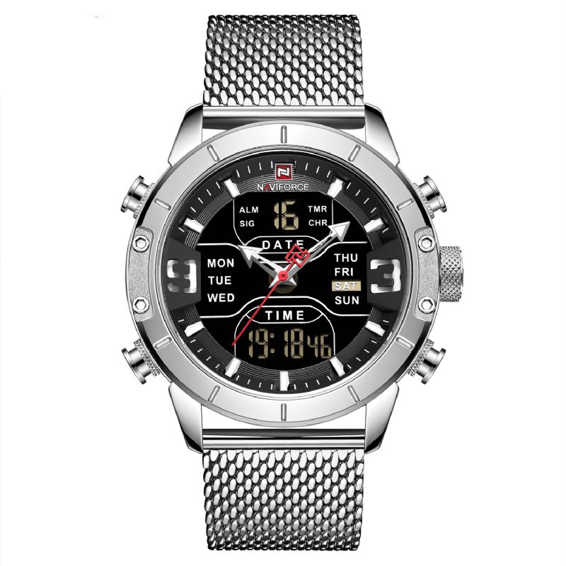 Naviforce 9153 Vattentät Dual Display Watch Calendar Full Steel Business Herr Digital Watch