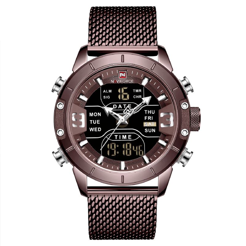 Naviforce 9153 Vattentät Dual Display Watch Calendar Full Steel Business Herr Digital Watch