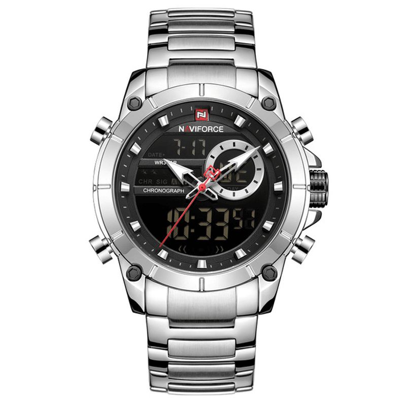 Naviforce 9163 Vattentät Alarm Business Style Dual Display Watch Full Steel Kvartsur