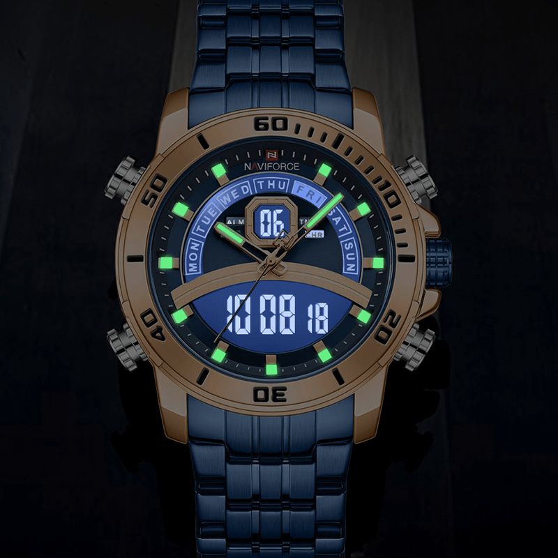 Naviforce 9181S Full Steel Dual Display Chronograph Herrarmbandsur Lysande Hand Kvartsklocka