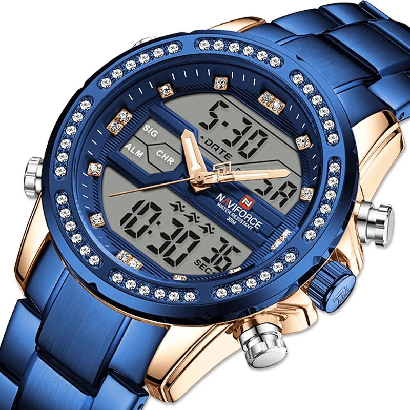 Naviforce 9190 Crystal Full Steel Band Dual Display Watch Calendar Alarm Herrarmbandsur