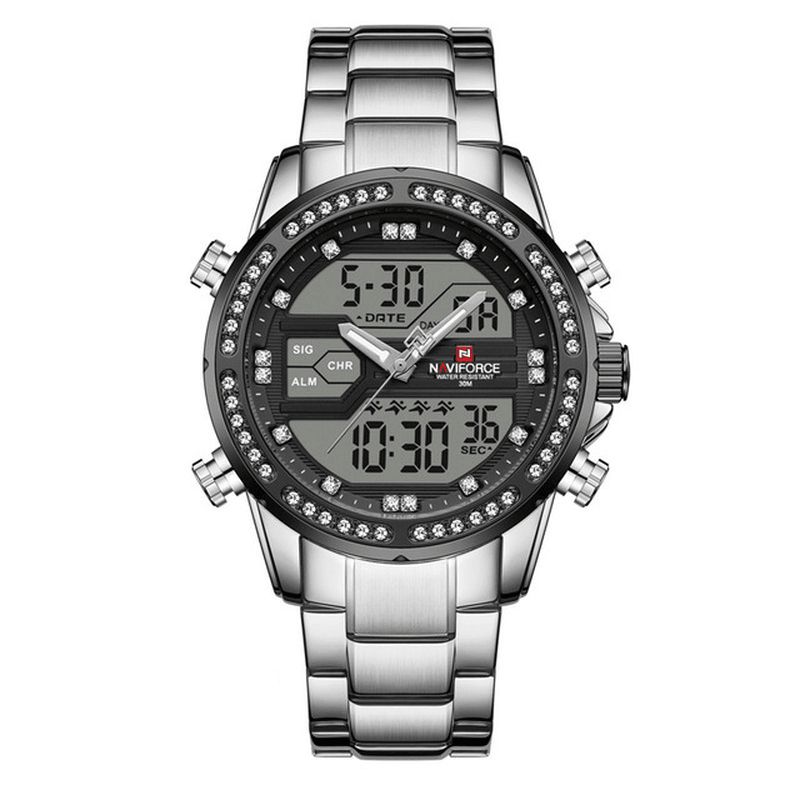 Naviforce 9190 Crystal Full Steel Band Dual Display Watch Calendar Alarm Herrarmbandsur