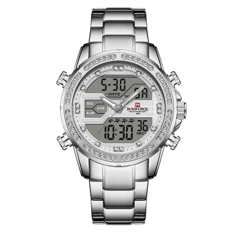 Naviforce 9190 Crystal Full Steel Band Dual Display Watch Calendar Alarm Herrarmbandsur