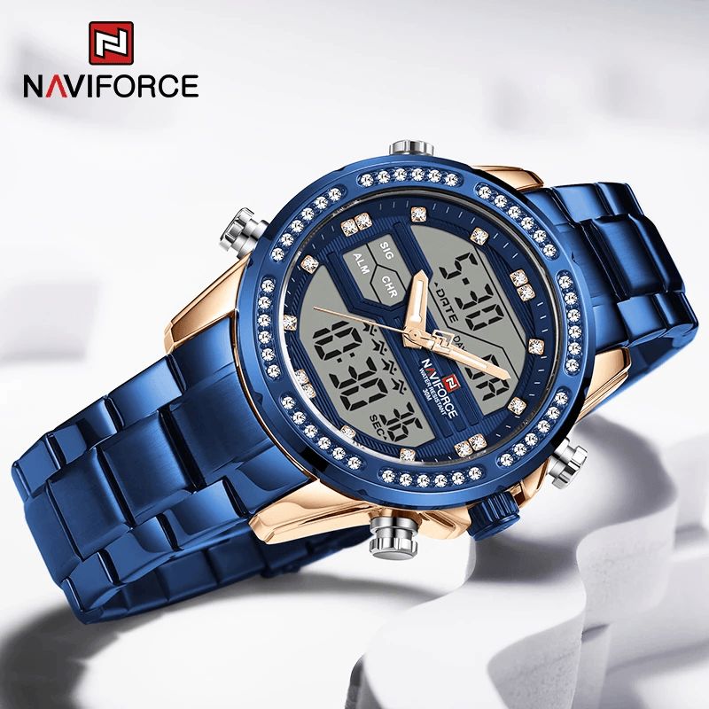 Naviforce 9190 Crystal Full Steel Band Dual Display Watch Calendar Alarm Herrarmbandsur