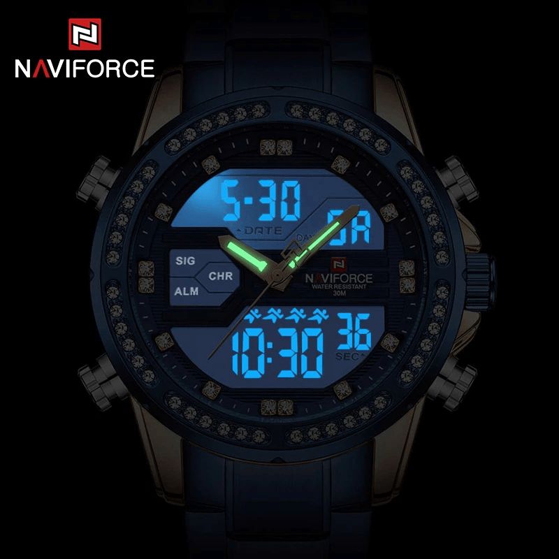 Naviforce 9190 Crystal Full Steel Band Dual Display Watch Calendar Alarm Herrarmbandsur