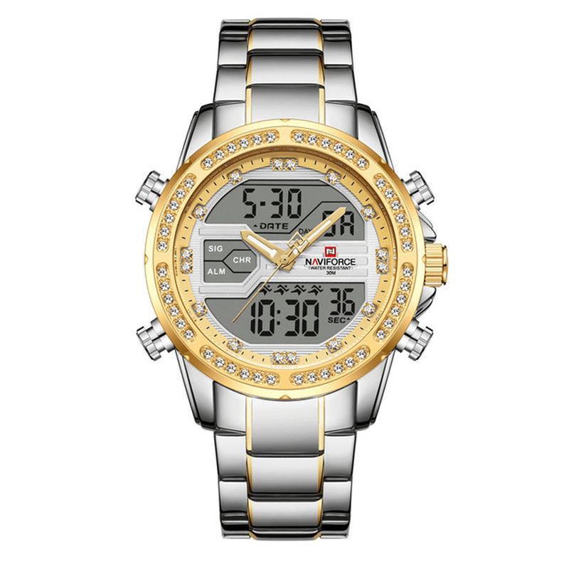 Naviforce 9190 Crystal Full Steel Band Dual Display Watch Calendar Alarm Herrarmbandsur