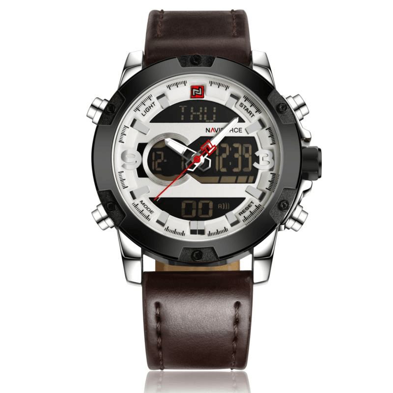 Naviforce Nf9097 Mode Män Dual Display Watch Lyx Läderrem Sportklocka