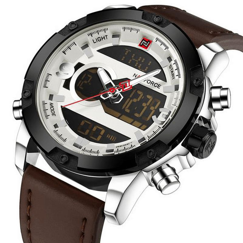 Naviforce Nf9097 Mode Män Dual Display Watch Lyx Läderrem Sportklocka