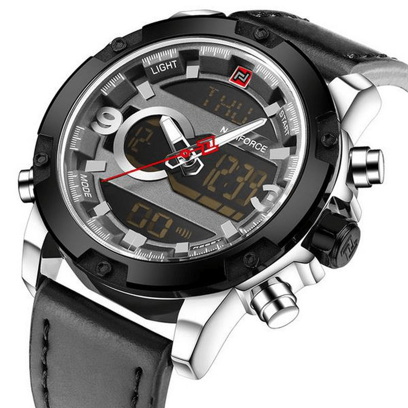 Naviforce Nf9097 Mode Män Dual Display Watch Lyx Läderrem Sportklocka