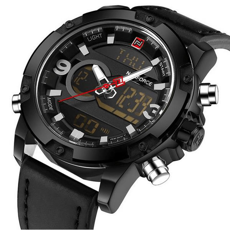 Naviforce Nf9097 Mode Män Dual Display Watch Lyx Läderrem Sportklocka