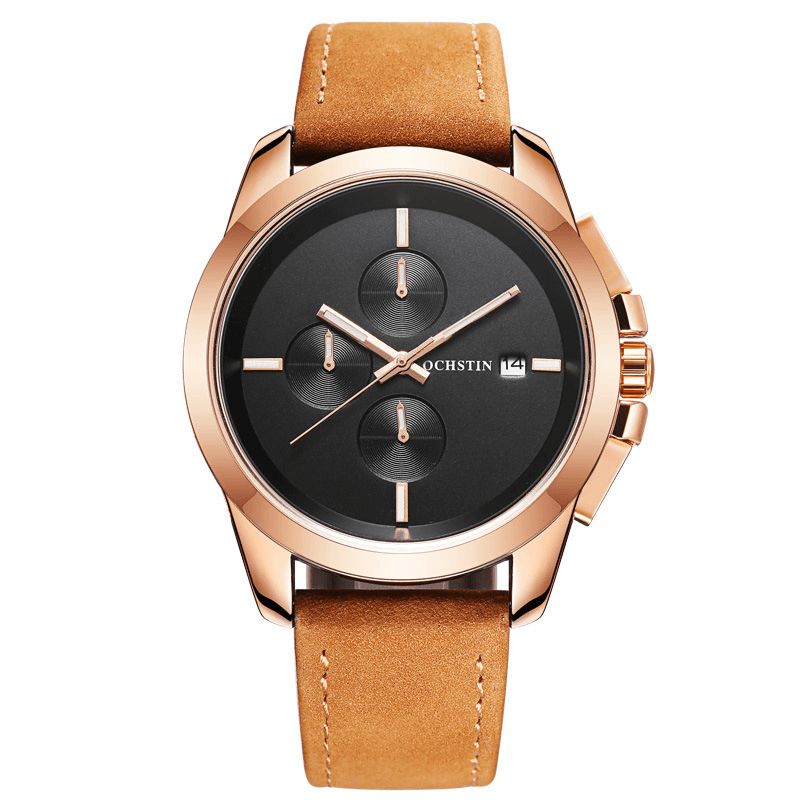 Ochstin Gq059A Äkta Läder Casual Style Herr Armbandsur Kalender Kvartsur