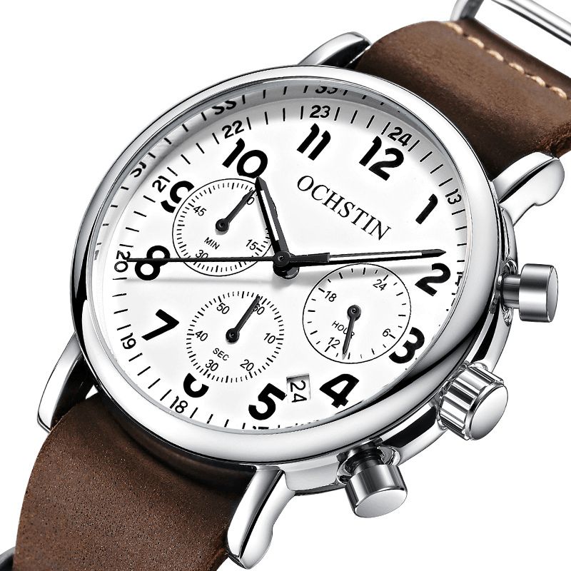 Ochstin Gq081A Chronograph Casual Style Herrarmbandsur Äkta Läderband Kvartsklocka