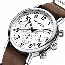 Ochstin Gq081A Chronograph Casual Style Herrarmbandsur Äkta Läderband Kvartsklocka