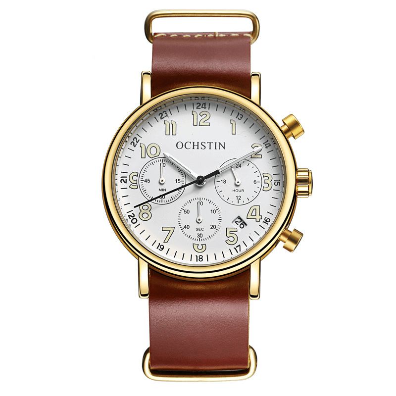 Ochstin Gq081A Chronograph Casual Style Herrarmbandsur Äkta Läderband Kvartsklocka