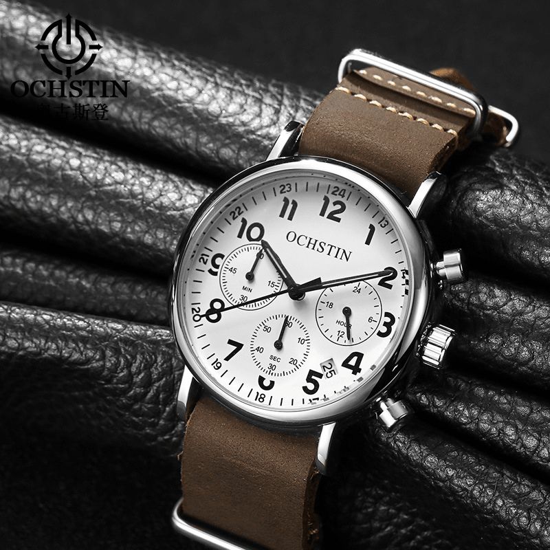 Ochstin Gq081A Chronograph Casual Style Herrarmbandsur Äkta Läderband Kvartsklocka