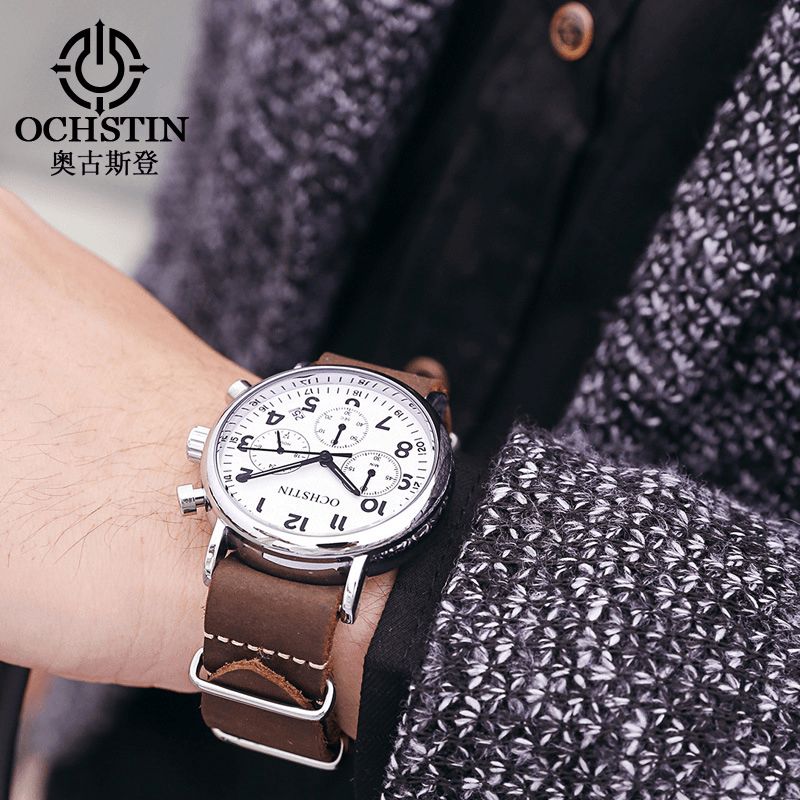 Ochstin Gq081A Chronograph Casual Style Herrarmbandsur Äkta Läderband Kvartsklocka