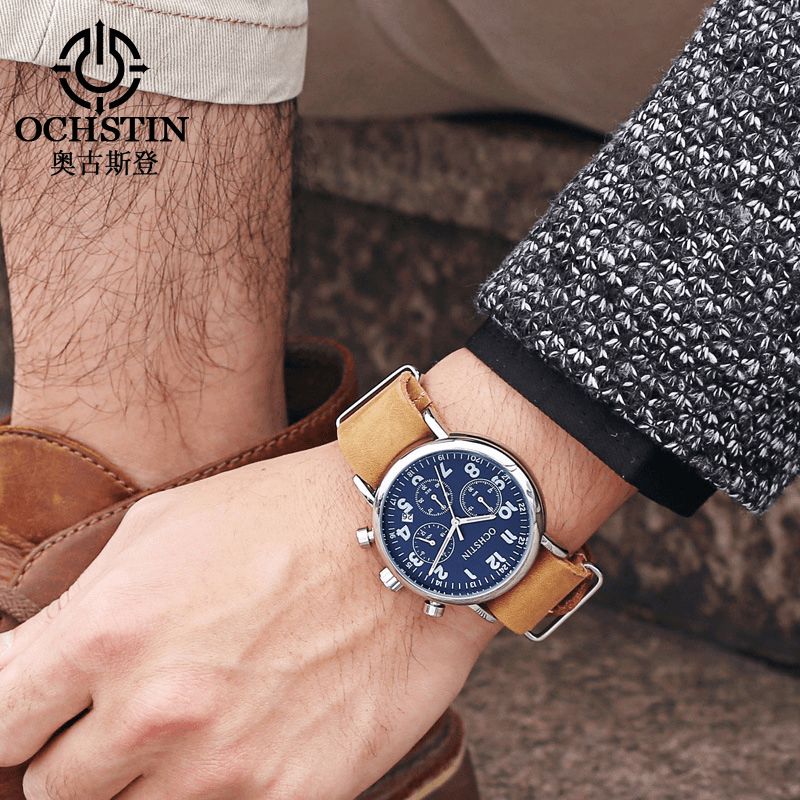 Ochstin Gq081A Chronograph Casual Style Herrarmbandsur Äkta Läderband Kvartsklocka