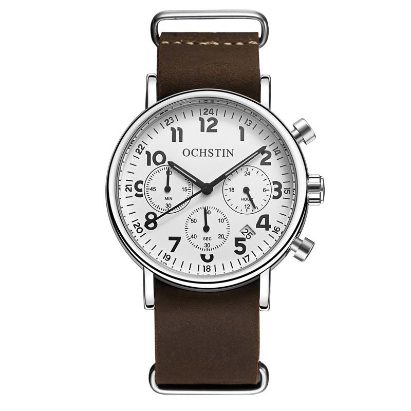 Ochstin Gq081A Chronograph Casual Style Herrarmbandsur Äkta Läderband Kvartsklocka