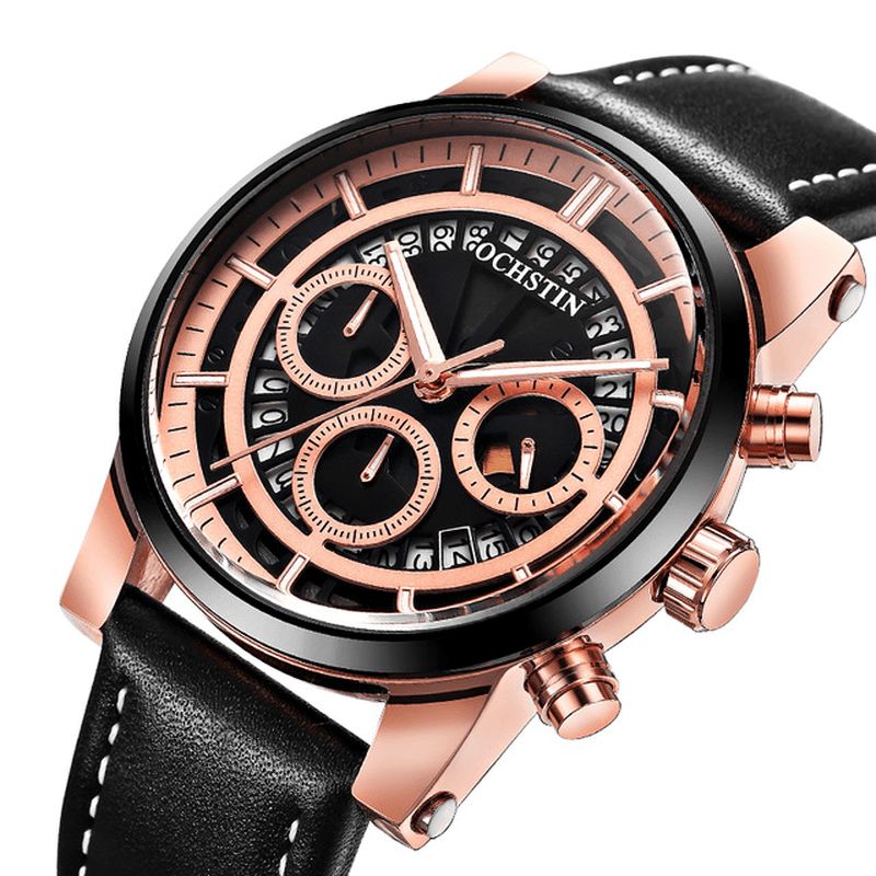 Ochstin Gq6110A Lysande Display Herrarmbandsur Chronograph Läderarmband Kvarts Klockor