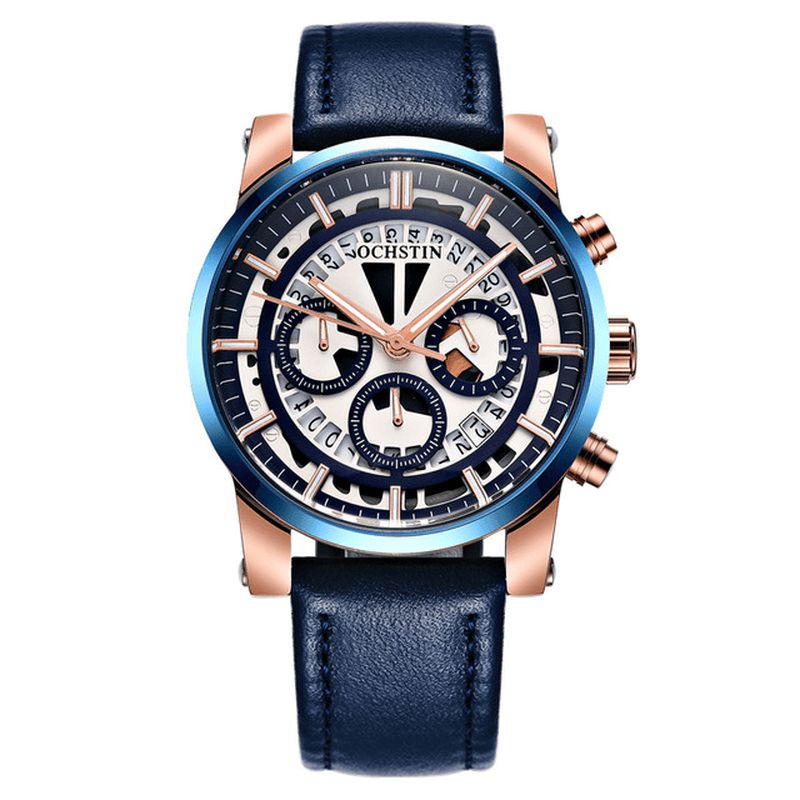 Ochstin Gq6110A Lysande Display Herrarmbandsur Chronograph Läderarmband Kvarts Klockor