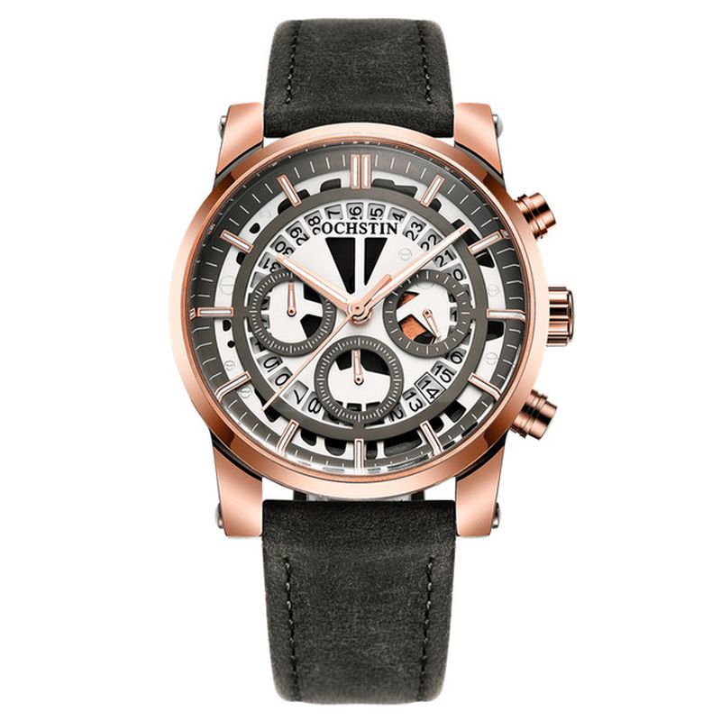 Ochstin Gq6110A Lysande Display Herrarmbandsur Chronograph Läderarmband Kvarts Klockor