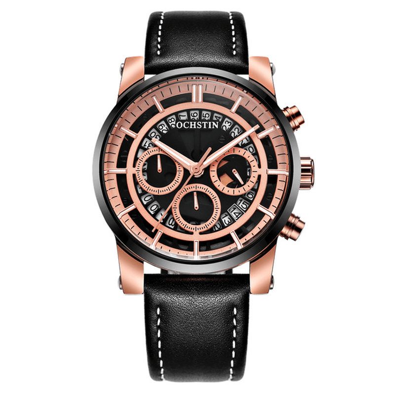 Ochstin Gq6110A Lysande Display Herrarmbandsur Chronograph Läderarmband Kvarts Klockor