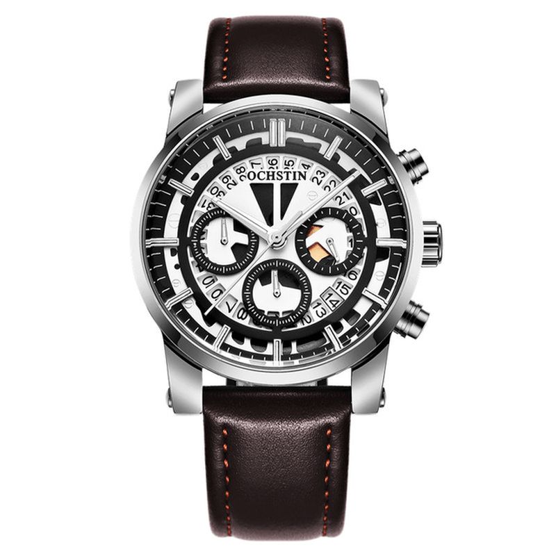 Ochstin Gq6110A Lysande Display Herrarmbandsur Chronograph Läderarmband Kvarts Klockor