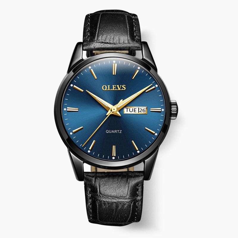 Olevs 6898 Mode Män Watch Date Week Display Läderrem Casual Kvartsur