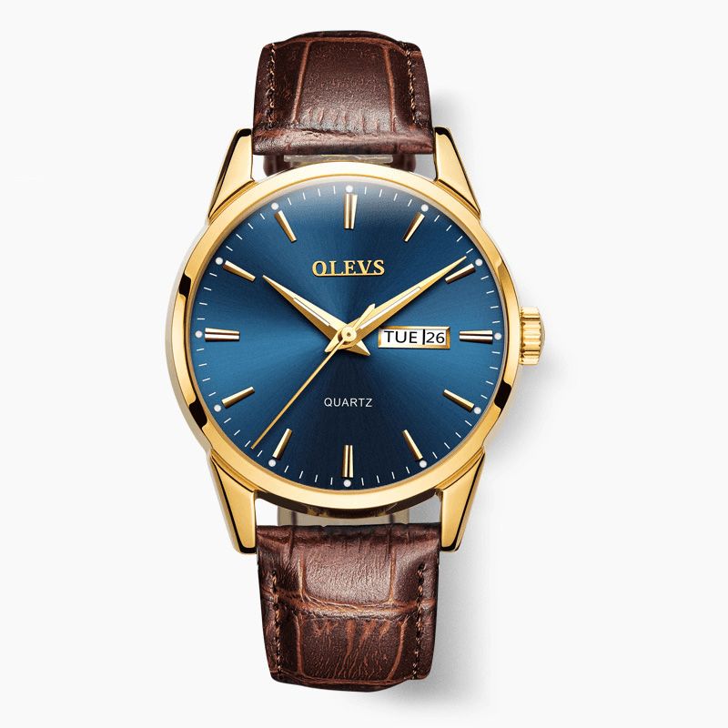 Olevs 6898 Mode Män Watch Date Week Display Läderrem Casual Kvartsur