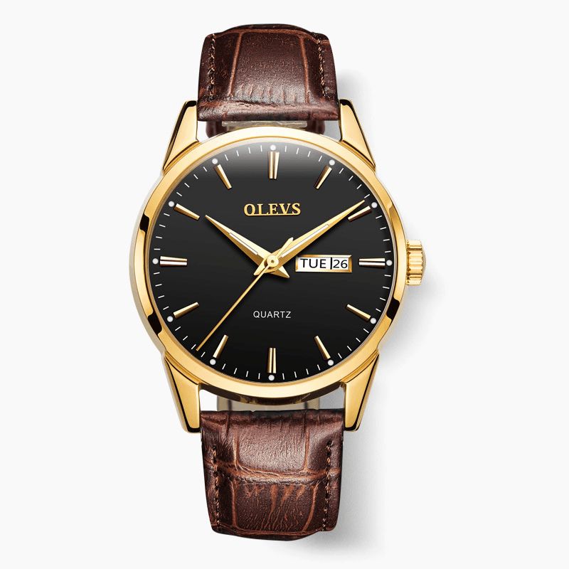 Olevs 6898 Mode Män Watch Date Week Display Läderrem Casual Kvartsur