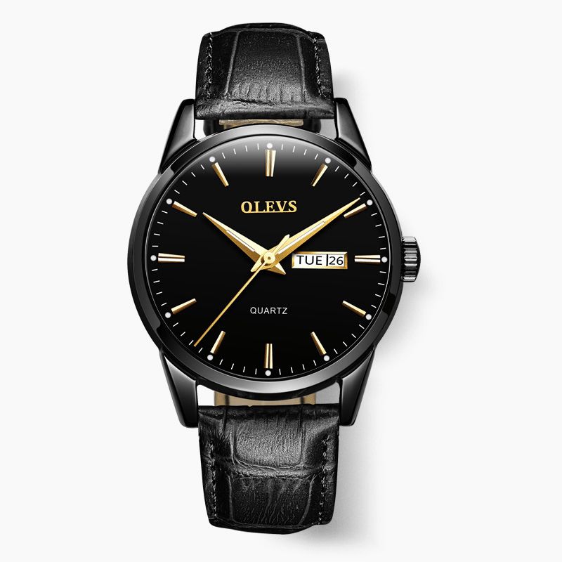 Olevs 6898 Mode Män Watch Date Week Display Läderrem Casual Kvartsur