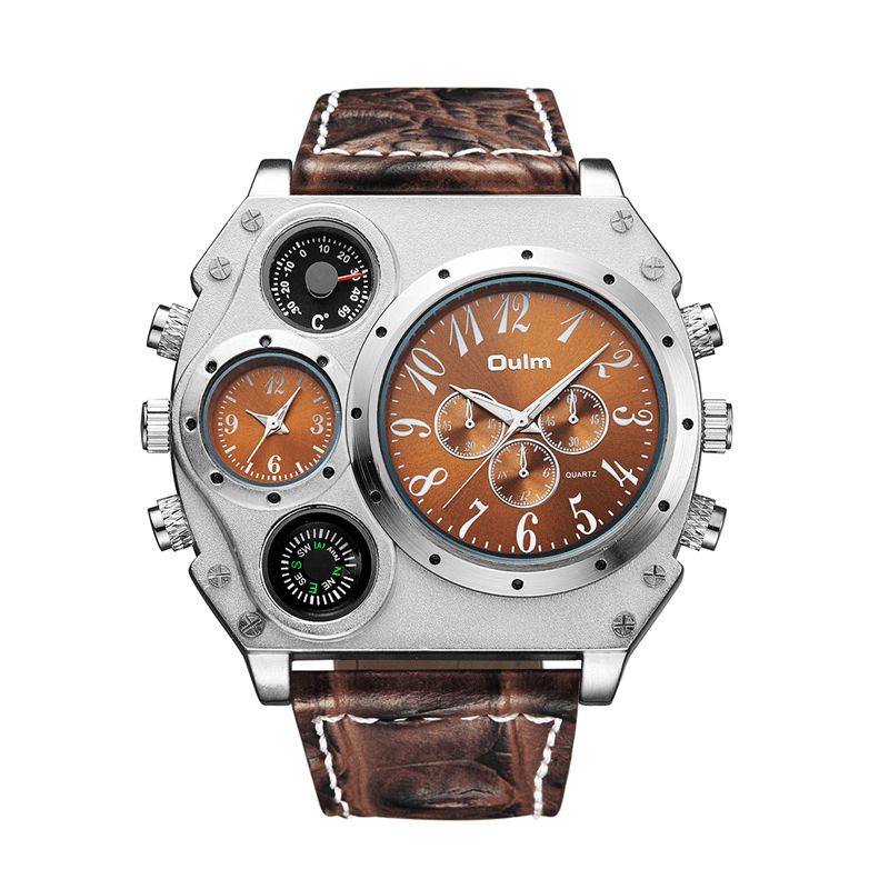 Oulm 1349 Dual Time Zones Creative Kvartsur Big Dial Military Style Herrklockor