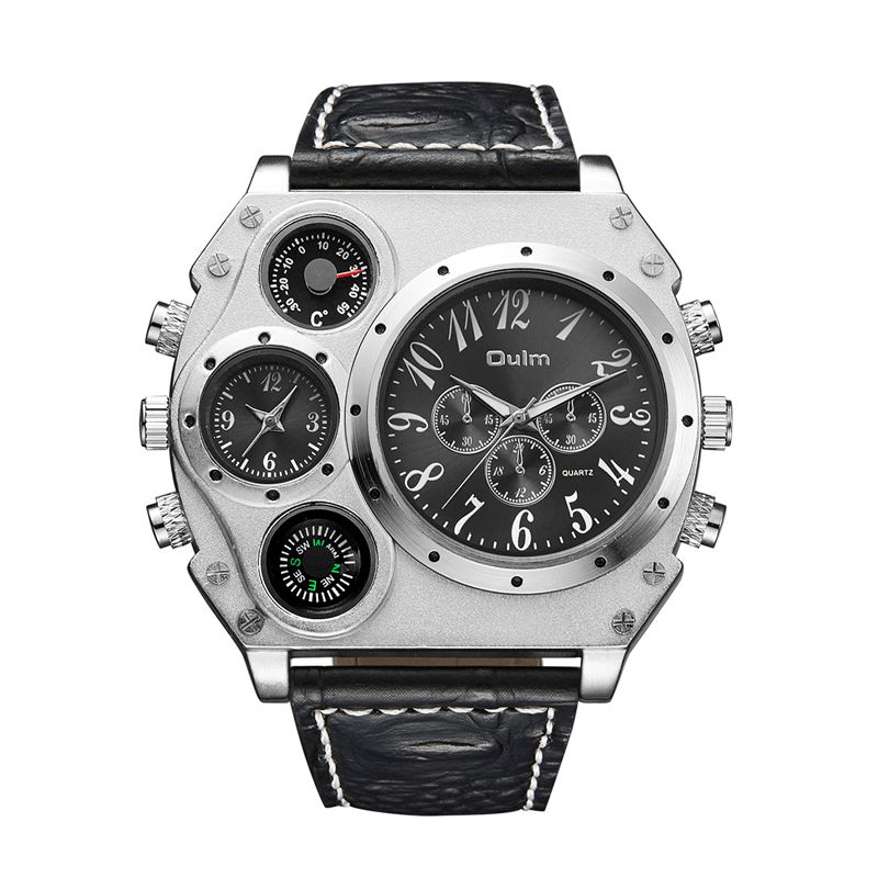 Oulm 1349 Dual Time Zones Creative Kvartsur Big Dial Military Style Herrklockor