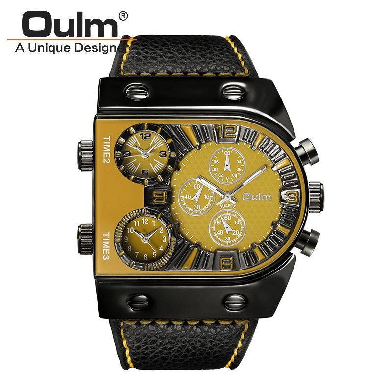 Oulm Big Dial Vintage Multi Time Zones Kvartsur Pu Läderband Herrarmbandsur