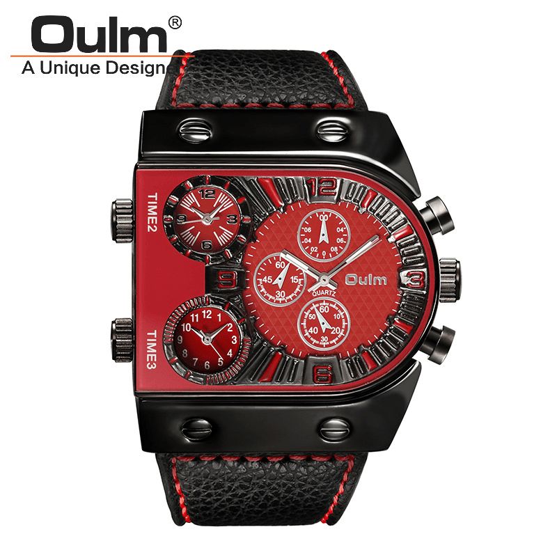 Oulm Big Dial Vintage Multi Time Zones Kvartsur Pu Läderband Herrarmbandsur