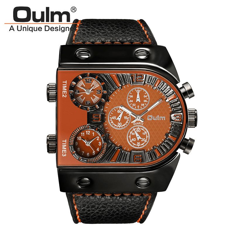 Oulm Big Dial Vintage Multi Time Zones Kvartsur Pu Läderband Herrarmbandsur