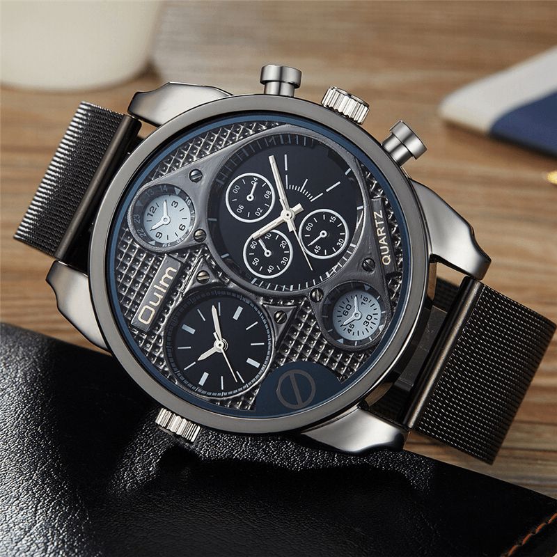 Oulm Ht9316B Vintage Mode Kvartsur Large Dial Dual Time Zone Mesh Band Herrklocka