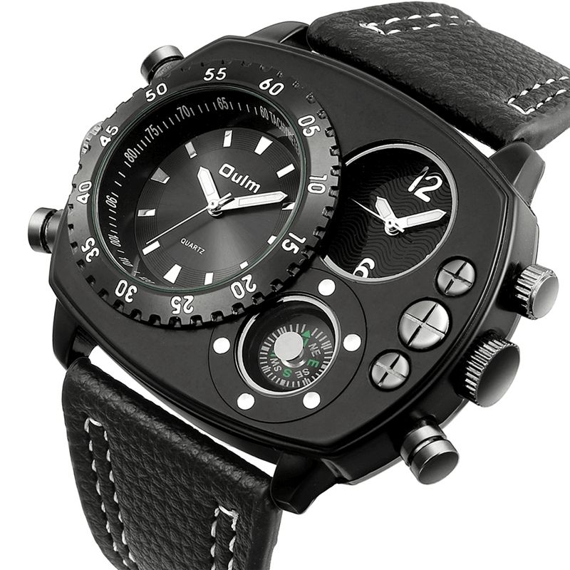 Oulm Large Urtavla Herrklocka Dual Time Zone Compass Läder Kvartsur