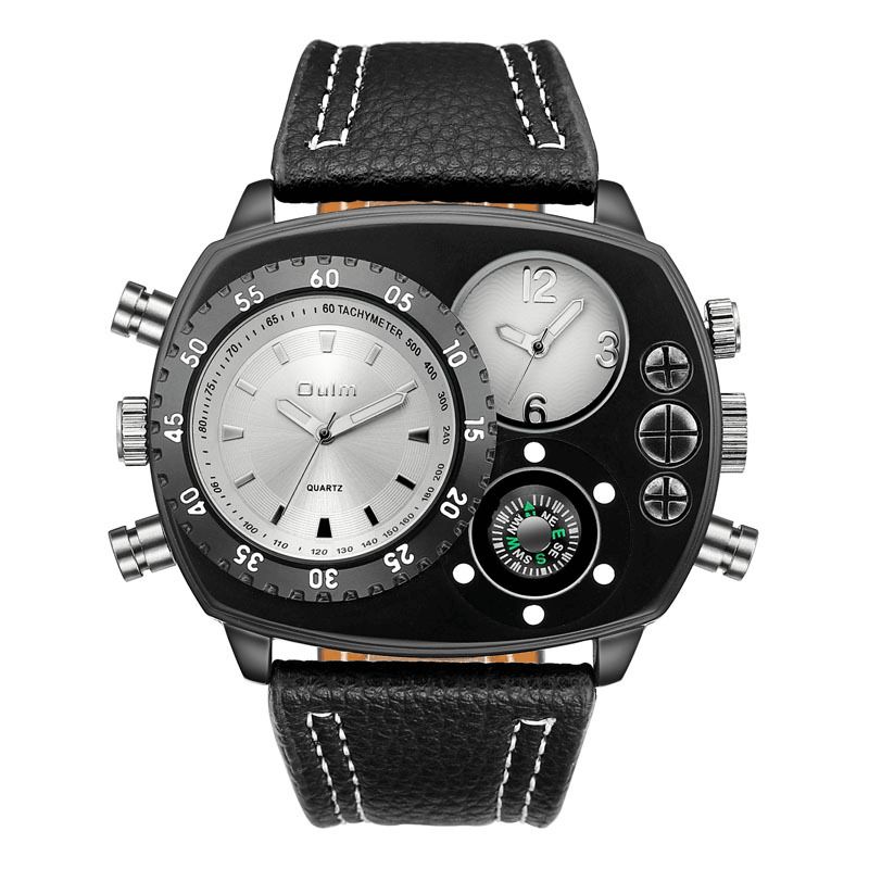 Oulm Large Urtavla Herrklocka Dual Time Zone Compass Läder Kvartsur