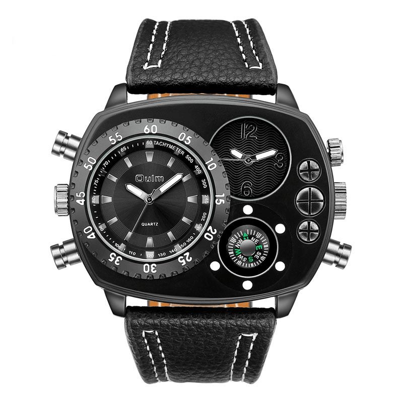 Oulm Large Urtavla Herrklocka Dual Time Zone Compass Läder Kvartsur