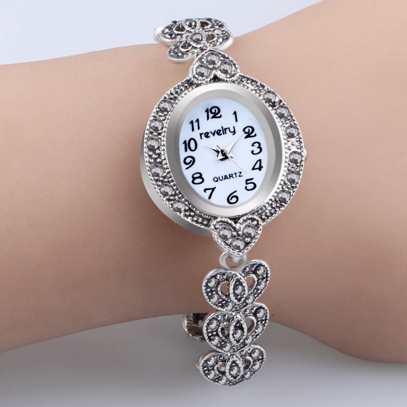 Qingxiya T10 Vattentät Crystal Dam Armband Watch Retro Style Love Heart Kvartsur