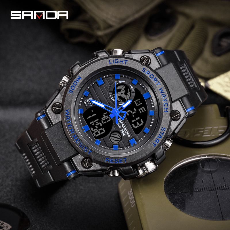 Sanda 739 Multifunction Outdoor Dual Display Watch Calendar Led Display Sport Herr Digital Watch