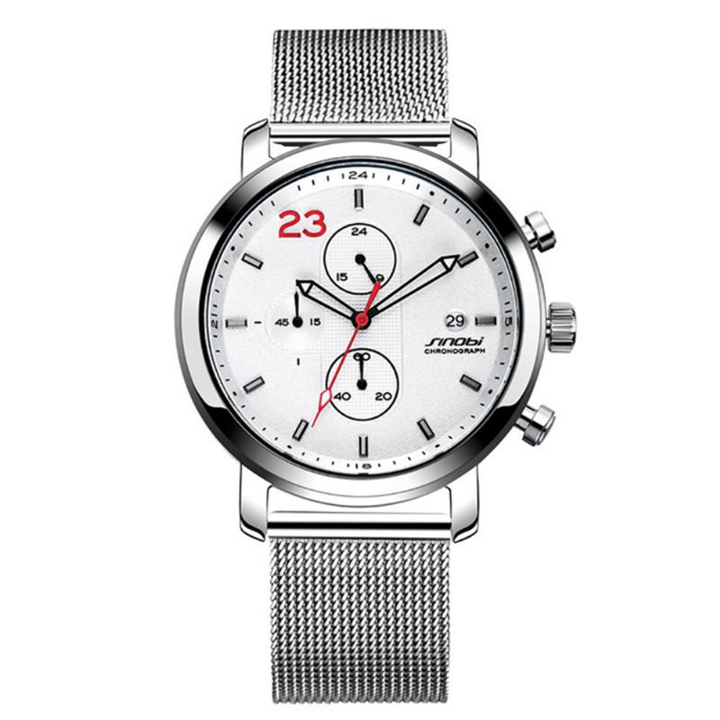 Sinobi 9765 Chronograph Casual Style Herr Armbandsur Mesh Stålband Kvarts Klockor