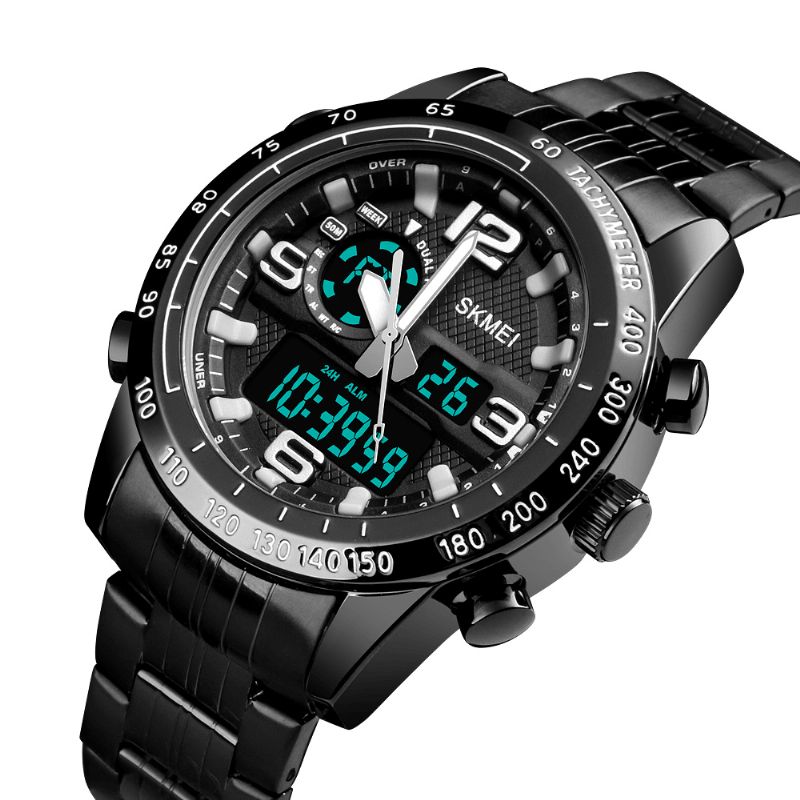 Skmei 1453 Luxury Herr Stoppur Kalender Sport Rostfritt Stål Dual Display Digital Watch