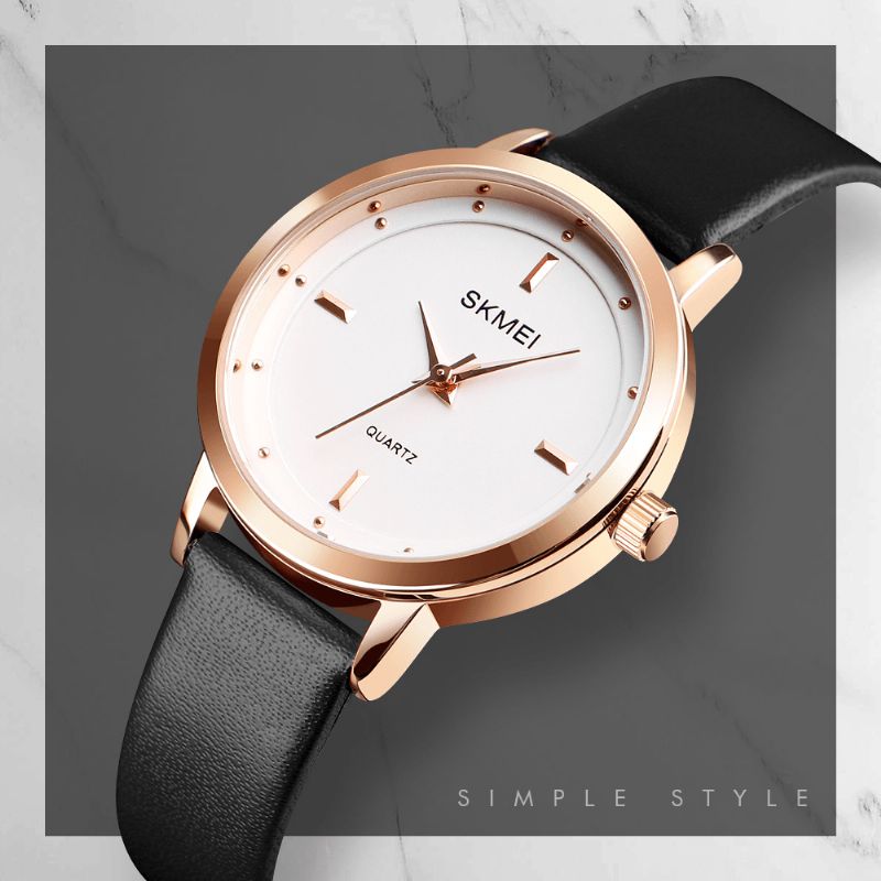 Skmei 1457 Kvinnor Mode Enkel Urtavla Rose Gold Case Läderrem Kvartsur