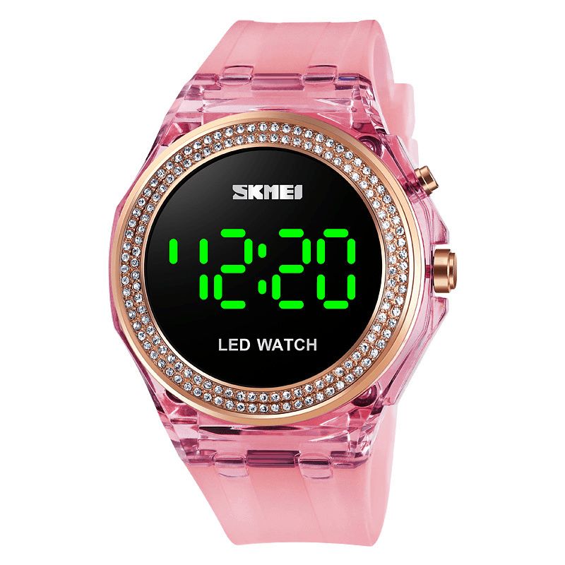 Skmei 1597 Mode Damklocka Diamanturtavla Transparent Pu-Rem Lysande Display Lady Digital Watch