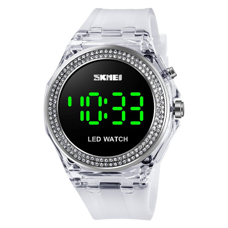 Skmei 1597 Mode Damklocka Diamanturtavla Transparent Pu-Rem Lysande Display Lady Digital Watch