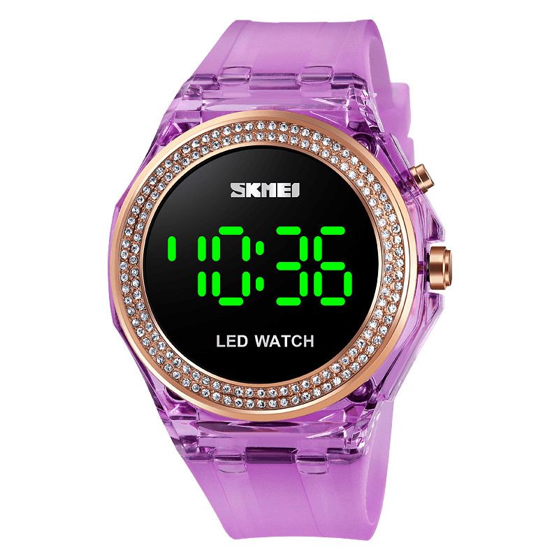 Skmei 1597 Mode Damklocka Diamanturtavla Transparent Pu-Rem Lysande Display Lady Digital Watch