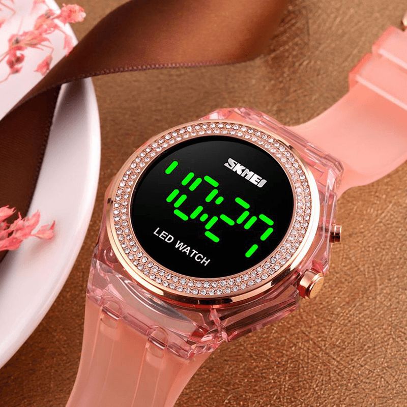 Skmei 1597 Mode Damklocka Diamanturtavla Transparent Pu-Rem Lysande Display Lady Digital Watch